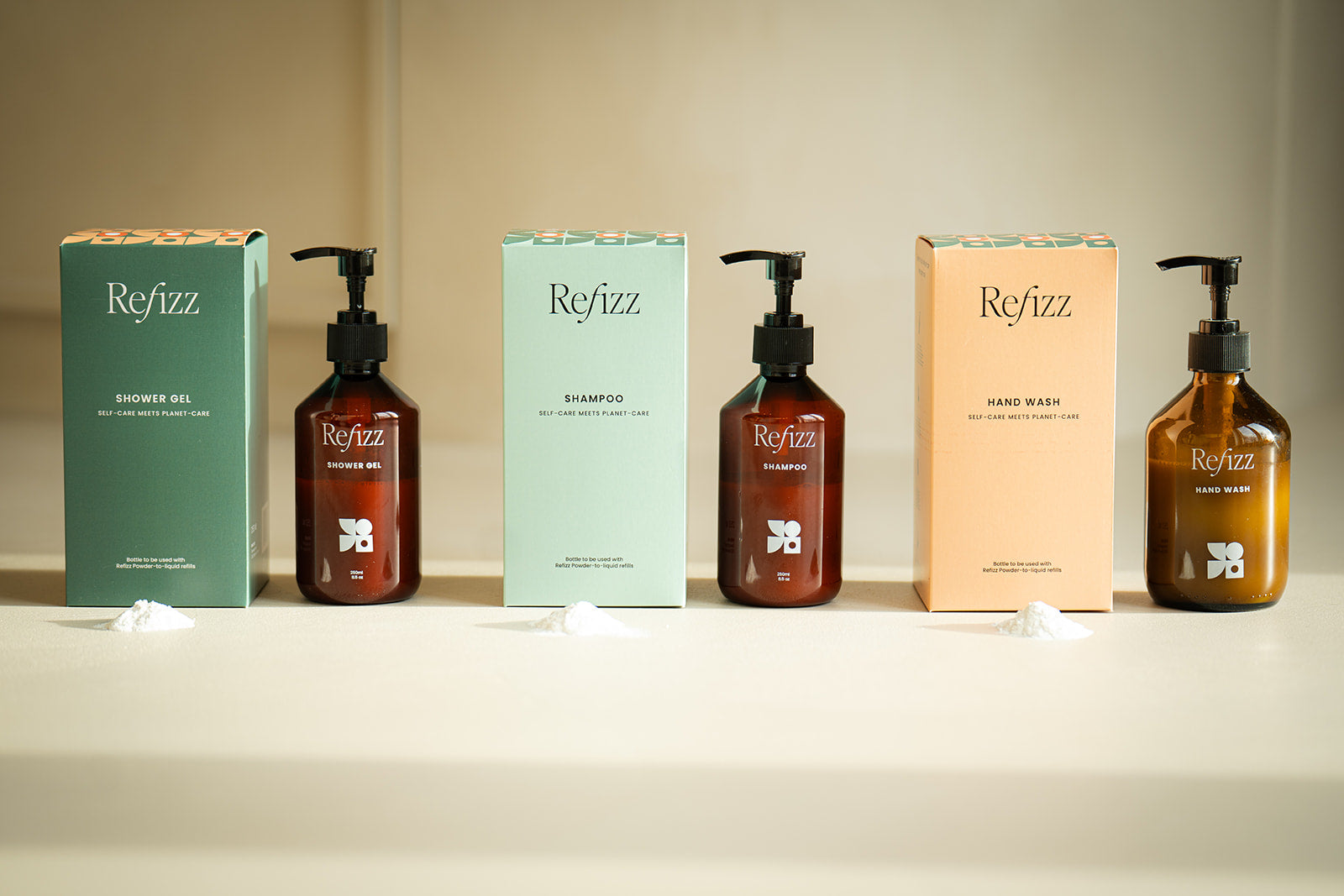 natural ingredients shower gel, shampoo and hand wash bottle