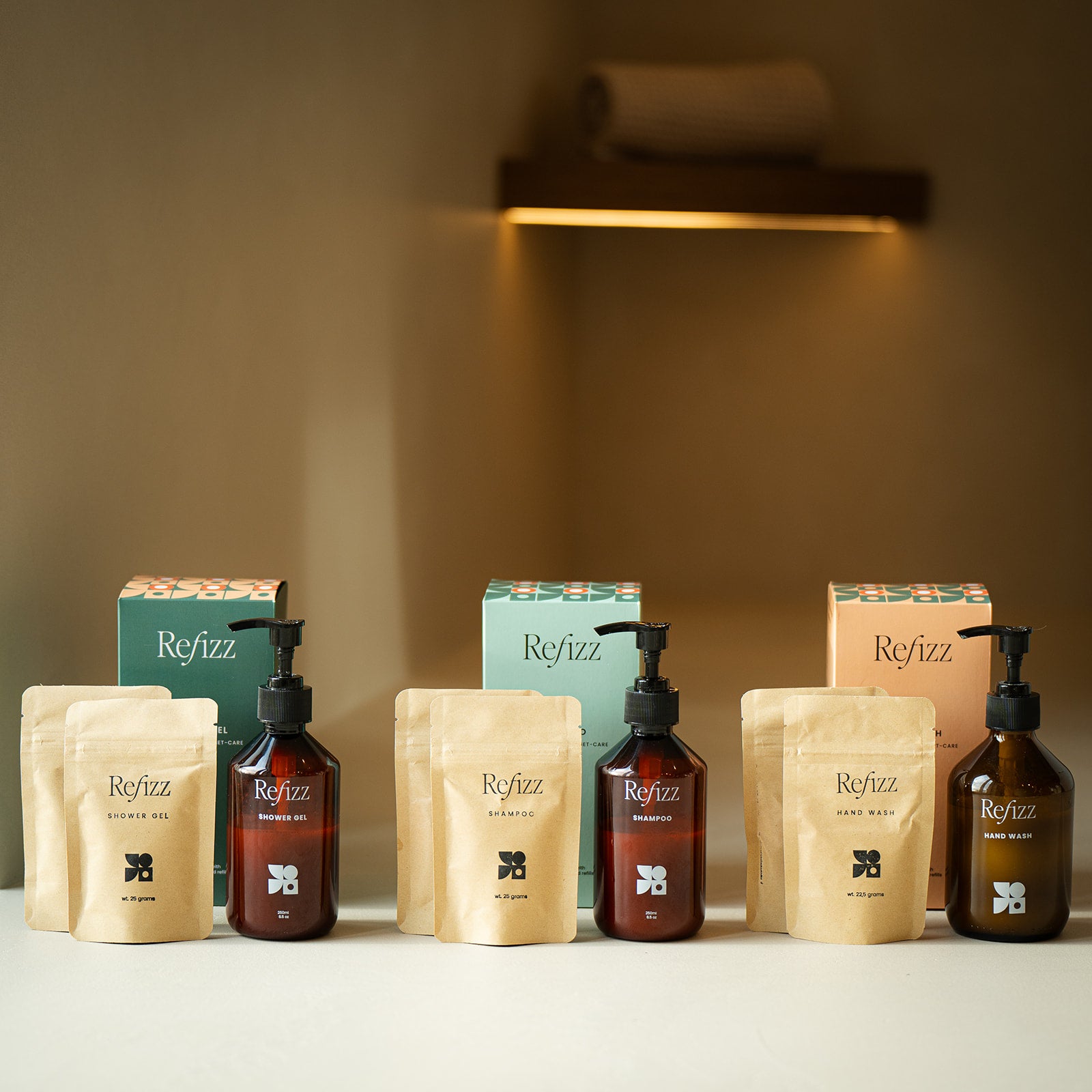 natural ingredients shower gel, shampoo and hand wash bottle